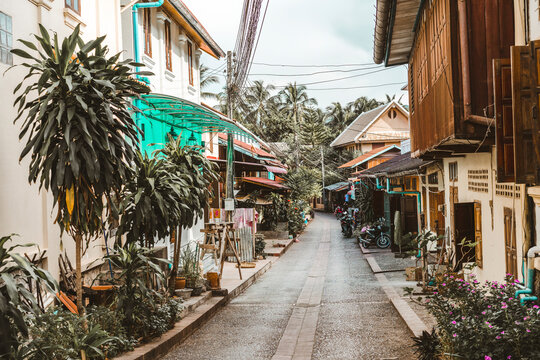 Empty lane amidst houses, Luang Prabang, Laos
