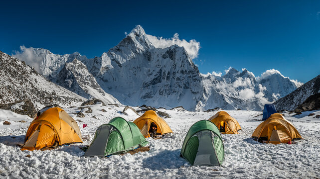 Nepal, Khumbu, Everest region, Ama Dablam from high camp on Pokalde peak