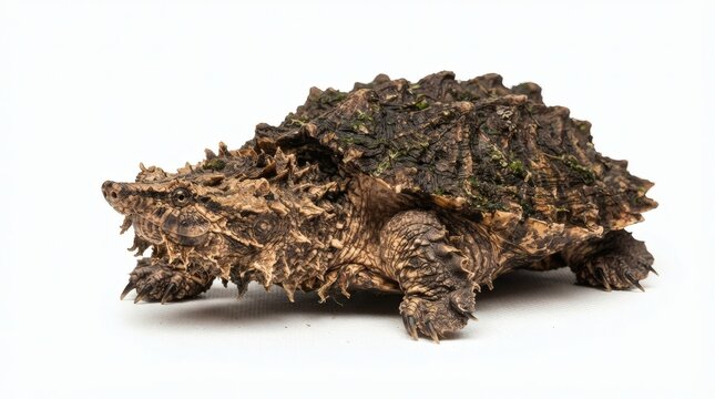 Alligator snapping turtle Macrochelys temminckii isolated on white background, exotic pre-historic reptile pet