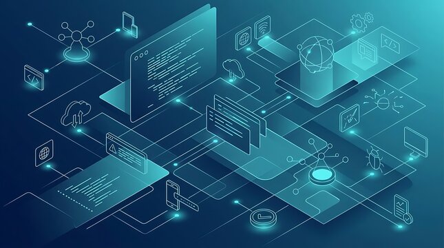 Isometric software development and cloud computing network infrastructure with digital coding icons on blue background