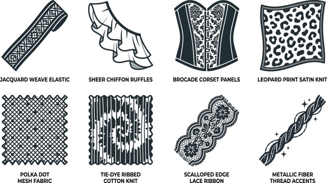 Comprehensive set of fashion textile icons featuring jacquard weave elastic, sheer chiffon ruffles, brocade corset, leopard print, mesh fabric, tie-dye knit, lace ribbon, and metallic fiber.