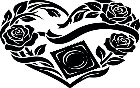 Romantic Heart Shape with Floral Roses and Condom Wrapper Vector Illustration - Symbolic Concept of Safe Sex, Responsible Love, Sexual Health Awareness, and Protection in Relationships