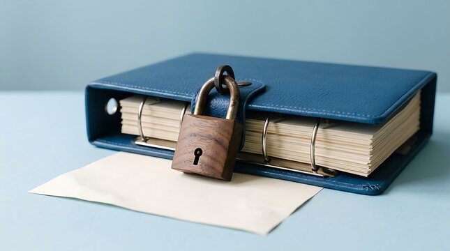 A wooden padlock securing a blue leather ring binder filled with white paper sheets on a light blue background, representing secure information
