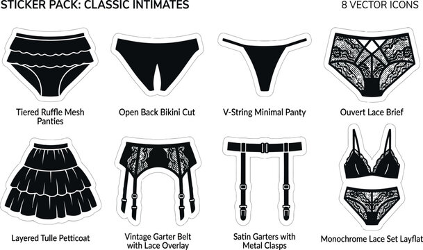 Vector Sticker Pack of Classic Intimates Lingerie Icons: Ruffle Mesh Panties, Open Back Bikini, Lace Briefs, Garter Belt, Tulle Petticoat, and Sexy Monochrome Lace Underwear Set Illustrations.