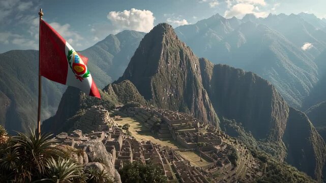 Peruvian flag waving above the iconic ruins of Machu Picchu mountains