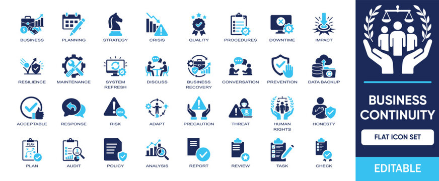 Business Continuity editable solid icon set. Includes symbols by planning, strategy, crisis, human rights, risk management, recovery, backup, resilience and more vector illustration icons collection.