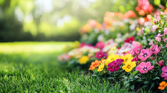 Vibrant colorful garden flowers blooming in lush green grass with soft natural sunlight on a spring day