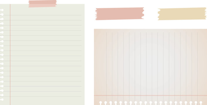 Vintage torn notebook paper and adhesive masking tape collection with lined memo sheet template