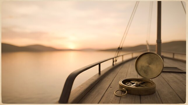 Antique brass compass placed on a wooden sailing boat deck overlooking a serene lake at sunset with distant hills and soft warm lighting