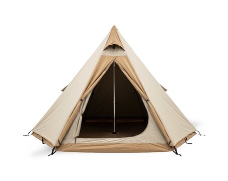 Tan and cream tepee camping tent with open entrance, isolated on white background
