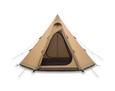Beige canvas tepee camping tent with open door flap, isolated on white background