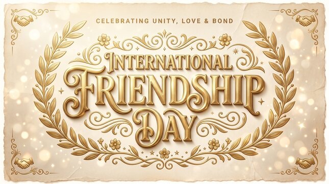 Vintage International Friendship Day greeting card, elegant gold typography on aged parchment, celebratory unity and love banner with laurel wreath