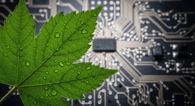Close up of green leaf on electronic motherboard.