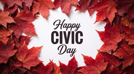 Happy Civic Day greeting text on white background, frame of red maple leaves, seasonal holiday celebration banner with autumn foliage