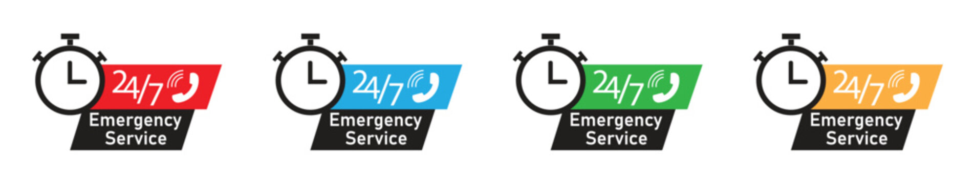 24/7 Emergency Service Icon Set with Stopwatch and Phone Symbol