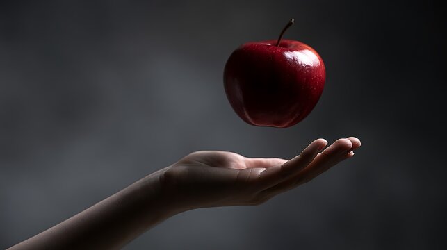 Prompt: A minimalist fine-art surrealist shot of a single fresh crimson apple levitating two inches above a model's open palm. Shot on an 90mm macro lens, f/3.2, sharp focus on the object and 