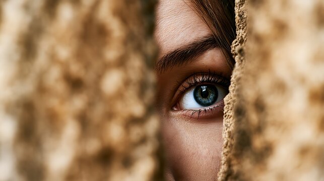 Prompt: A powerful editorial-grade conceptual photograph capturing a woman's eyes peering through a narrow 2-inch vertical gap between two textured sandstone monoliths. Shot on a 135mm telephoto 