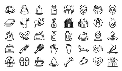 Fototapeta premium Spa Thin Line Vector Icon Set with Wellness Beauty and Relaxation Symbols Editable Stroke