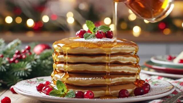 Maple syrup pouring over a stack of pancakes with cranberries and mint