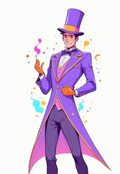 Male magician wearing a top hat in neon purple and orange colors in the field simple flat illustration as clip art on white background