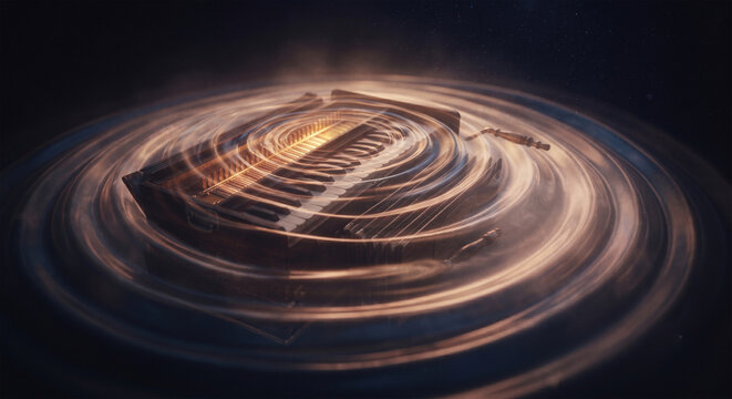 A conceptual, surreal image of a harmonium floating in a dark, infinite, and meditative space, with ethereal, glowing ripples of sound waves emanating