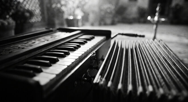 A high-contrast black and white photograph focusing on the rhythmic, linear geometry of the harmonium's keys and the bellows' pleats,