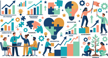 Obraz premium Corporate business teamwork and human resources management illustration set with professionals strategy infographics data charts growth and company values concepts