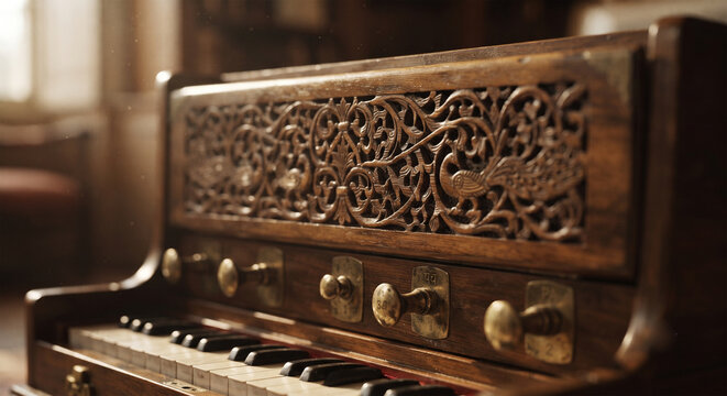 A high-definition, macro photograph of a traditional Indian wooden harmonium, focusing on the intricate, hand-carved fretwork on the front grille 