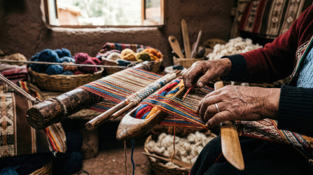 Artisan hands weaving colorful threads on a traditional loom 1.