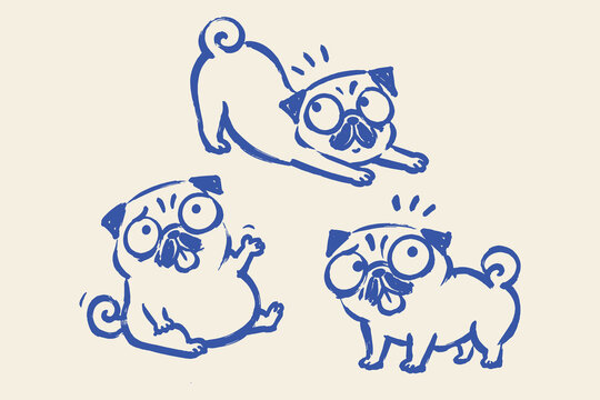 Pug Dog Poses Hand Drawn Doodle Vector Illustration