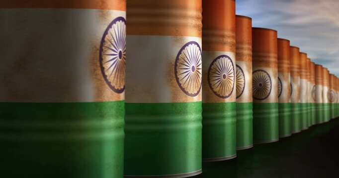 India oil business and fuel extraction barrels in row seamless and loopable concept. Indian petrol industrial containers.