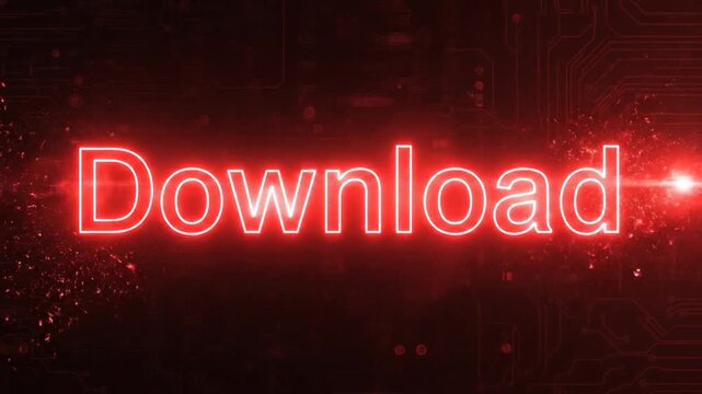 Glowing neon download text animation on digital background for interface