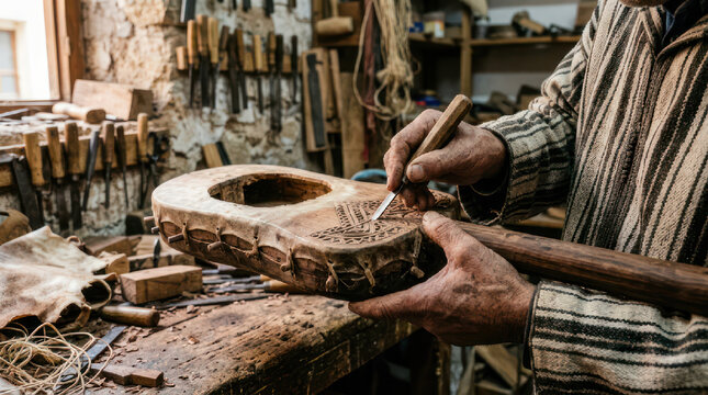 Artisan meticulously carves intricate details into a wooden instrument.