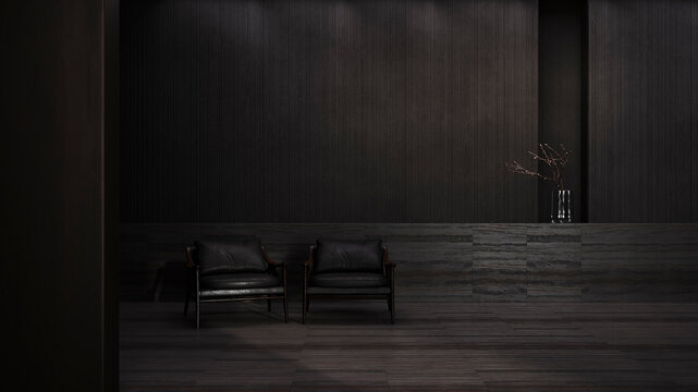 Dark luxury lounge interior with two leather armchairs and copy space