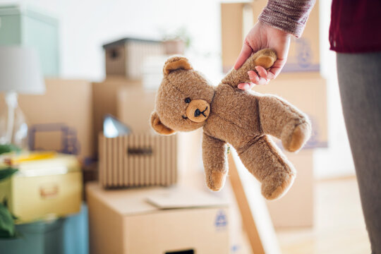 Close-up of woman holding teddy bear in new home