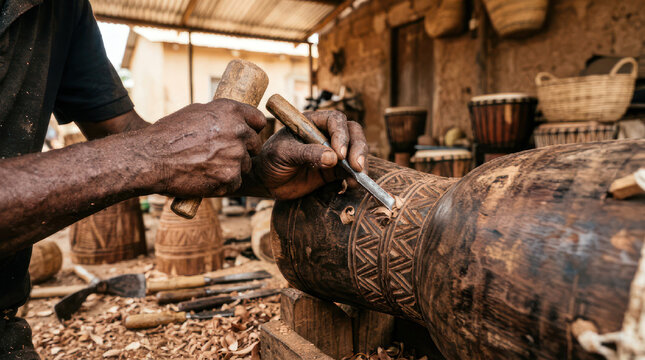 Artisan meticulously carves intricate details into a wooden sculpture 1.