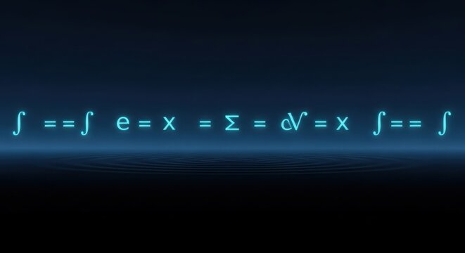 A mathematical equation with summation and integral symbols glows on a dark background