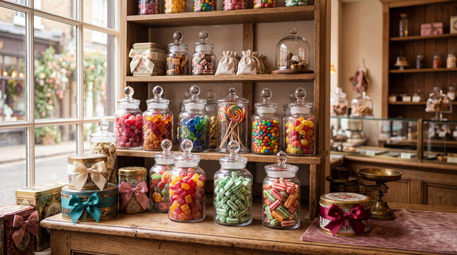 A pastry shop window display: elegant glass jars of various sizes with lids, filled with colorful lollipops.