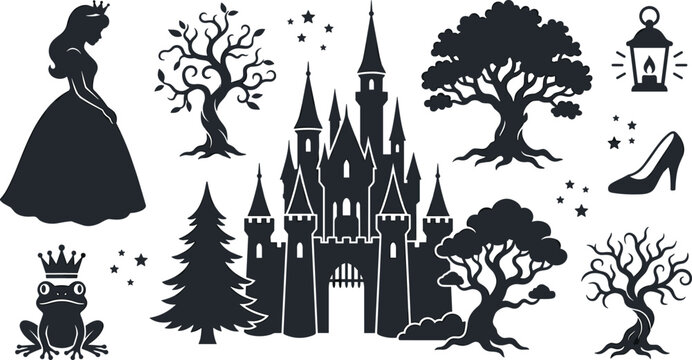 Fairy Tale Fantasy Silhouette Vector Collection with Princess Castle Enchanted Trees Frog Prince Glass Slipper and Magical Storybook Elements