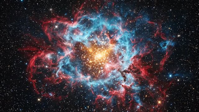 Exploring the colorful beauty of a pulsating nebula with vibrant blue and red hues in deep space