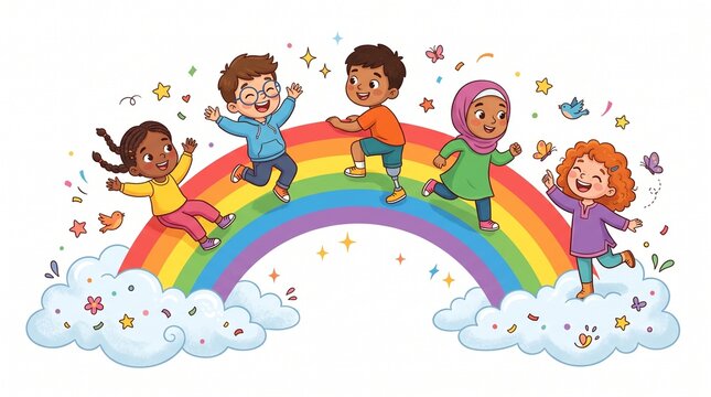 Cheerful children playing on a rainbow between clouds, symbolizing joy, diversity, and imagination in colorful cartoon illustration for educational or festive design.