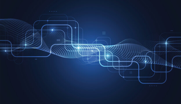 Abstract technology background with blue digital wave and neon circuit board lines