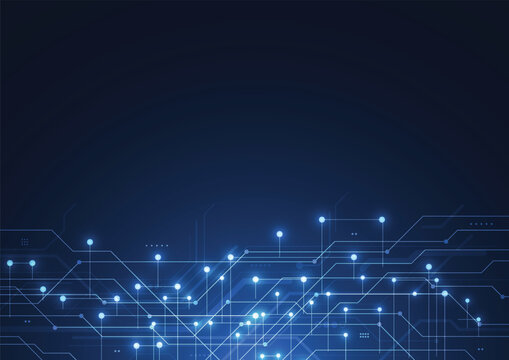 Abstract technology background with glowing blue circuit board lines and Futuristic digital network connections