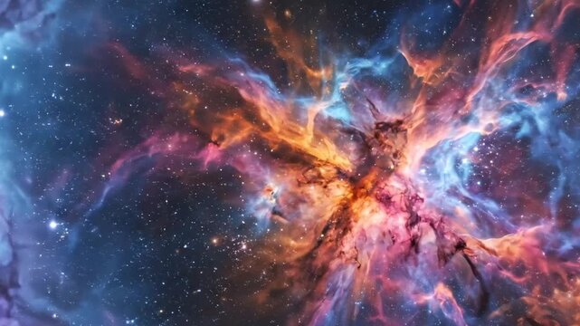 Spectacular images of a colorful nebula with vibrant cosmic clouds and star clusters in deep space
