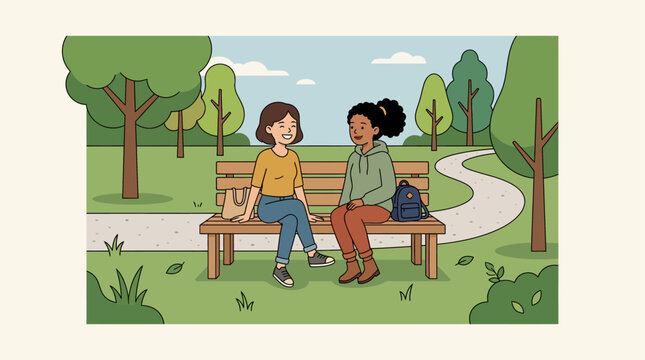 Two women sitting on a bench promoting diversity and equity in a park