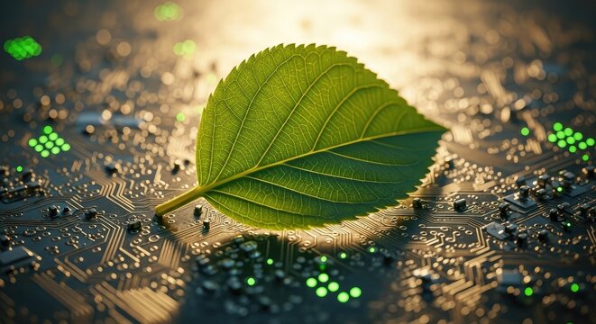 Green leaf on electronic circuit board with bokeh.