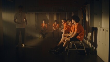 Obraz premium After Match Loss, Coach Addresses Dejected Team Athletes in Locker Room. Players Scattered and Despondent. Man Feedback, Delivered With Supportive Gestures, Aims to Build Character, Set New Goals.