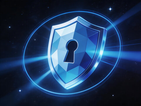 Blue shield with keyhole on dark background