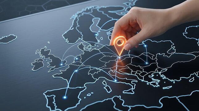 Digital map of europe with a glowing orange location pin being placed by a hand to illustrate global logistics and strategic network planning