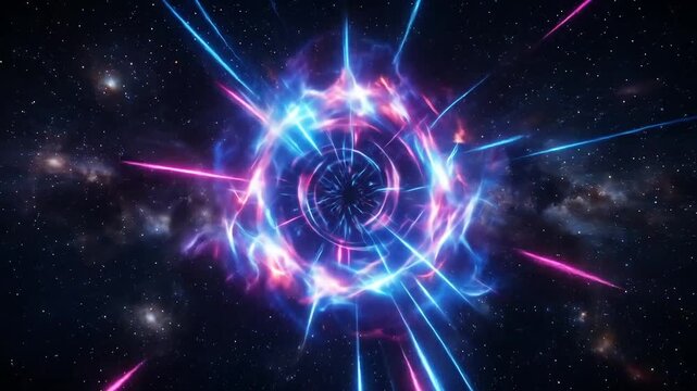 Dynamic visualization of cosmic energy bursts with vibrant neon light effects in space simulation
